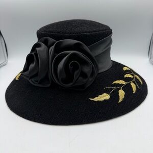 Vintage Black Wool Hat Gold Embroidered Brim Floral Satin Band Rosette